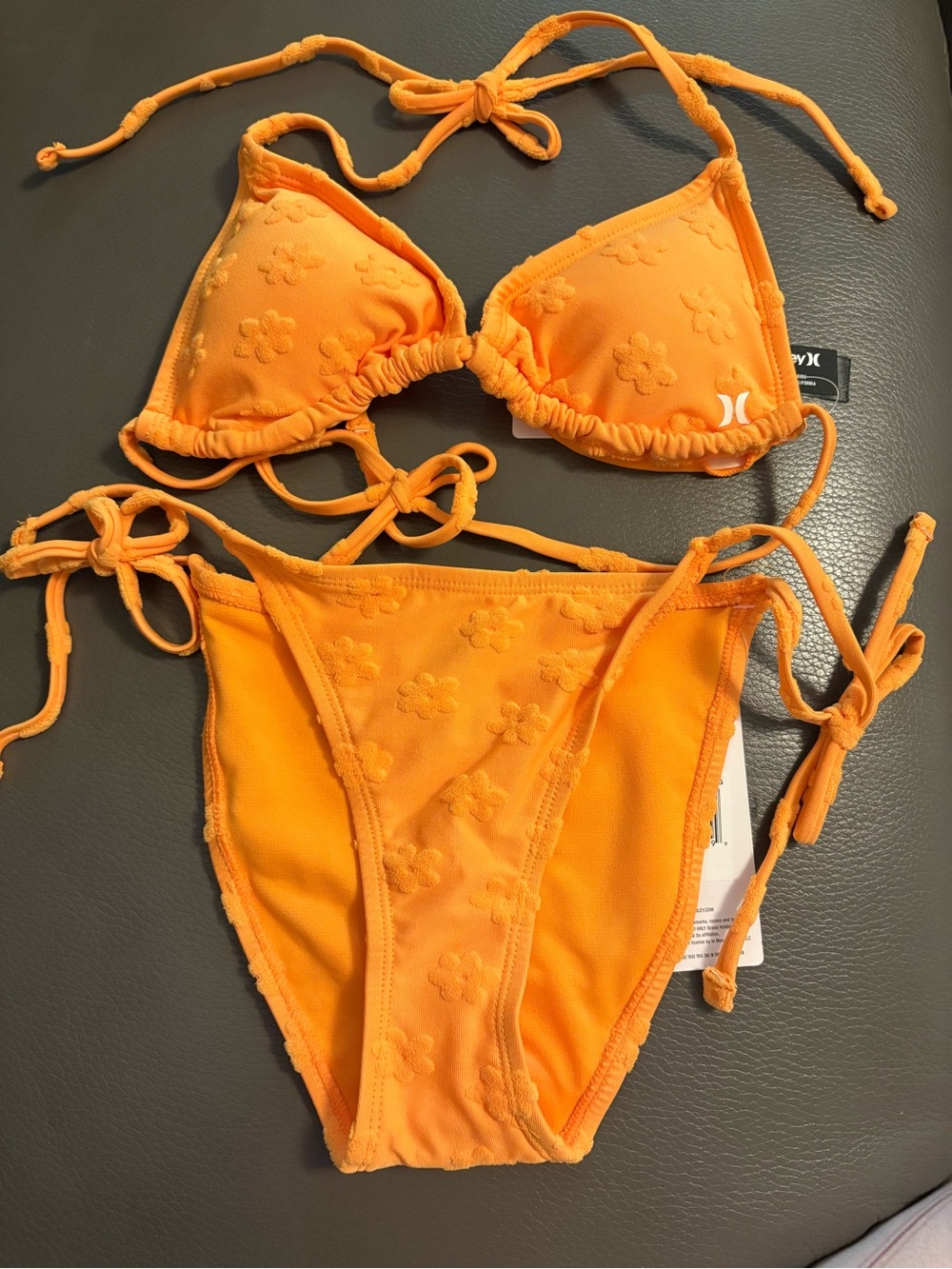 Hurley Junior’s Orange Textured Floral Triangle Bikini Set